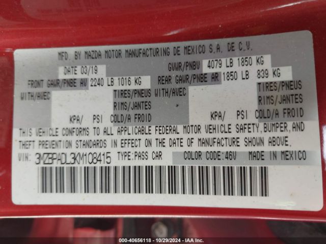 3MZBPADL3KM108415 Mazda Mazda3 Preferred Package