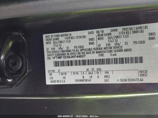 Aukcja sprzedaży 2018 Ford F-150 Xl, vin: 1FTMF1E58JKF44827, numer aukcji: 40656127