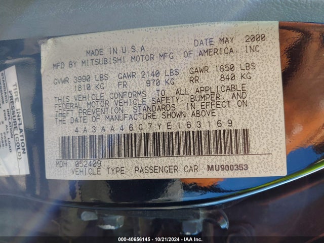 2000 MITSUBISHI GALANT 4A3AA46G7YE163169 Photo 8