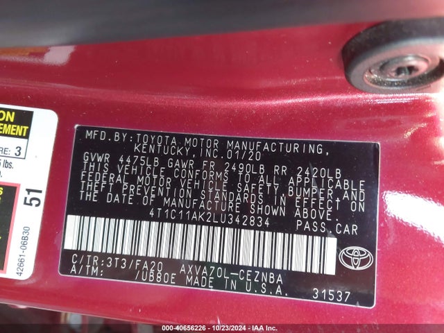 Toyota CAMRY LE 2020 4T1C11AK2LU342834 Image 9