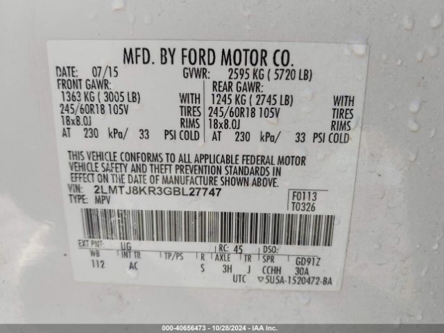 2LMTJ8KR3GBL27747 Lincoln Mkx Select