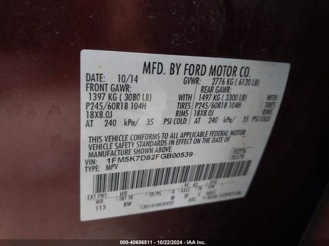 Ford EXPLORER XLT 2015 1FM5K7D82FGB00539 Image 9