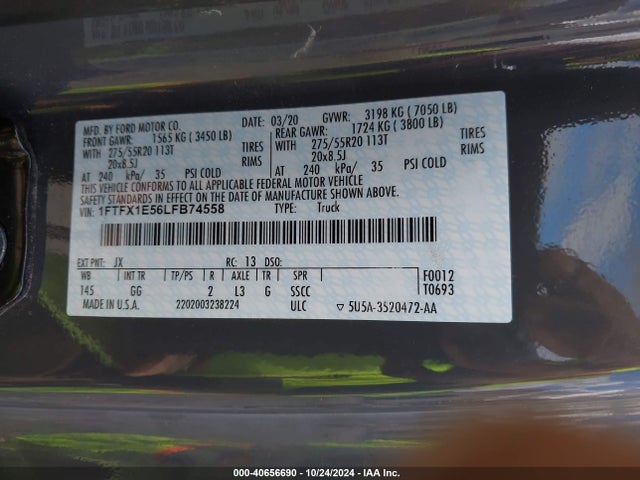 Ford F-150 Xl 2020 1FTFX1E56LFB74558 Image 9