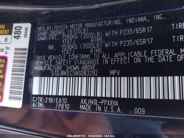 5TDJRKEC5NS083292 Toyota SIENNA XLE