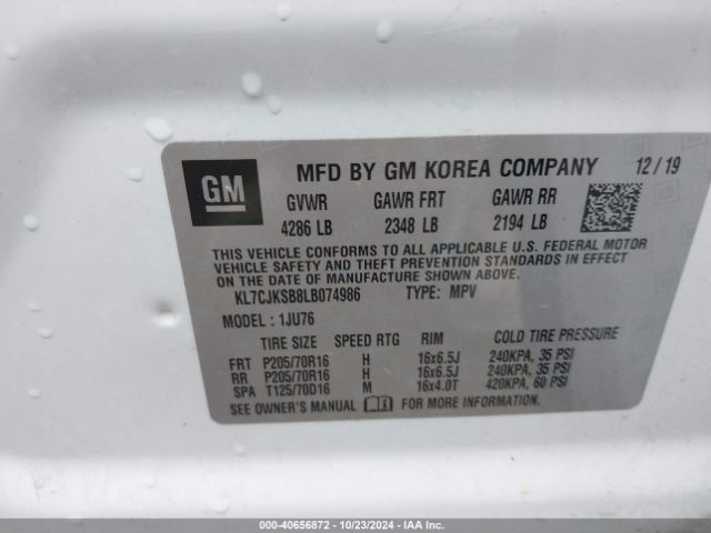 KL7CJKSB8LB074986 Chevrolet Trax Fwd Ls