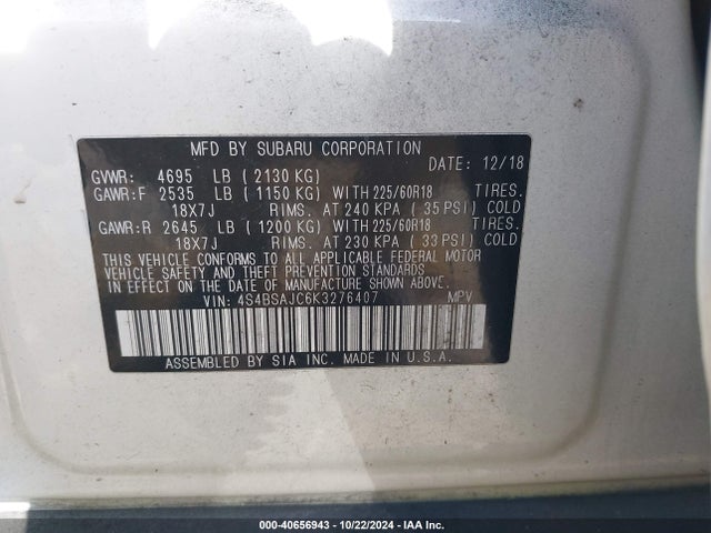 Subaru Outback 2.5i Limited 2019 4S4BSAJC6K3276407 Image 9