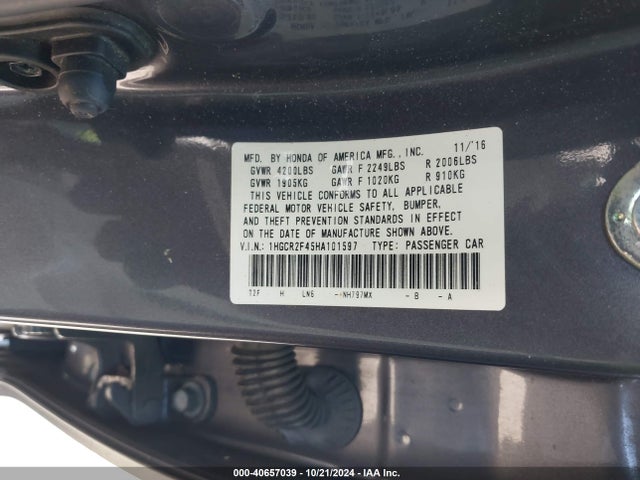 Honda ACCORD LX 2017 1HGCR2F45HA101597 Image 9