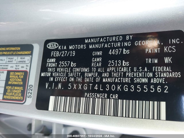 KIA Optima Lx 2019 5XXGT4L30KG355562 Image 9