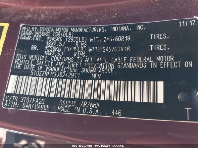 5TDZZRFH3JS242911 Toyota Highlander Le Plus