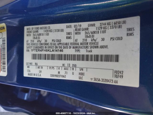 1FTER4FH6KLA14146 Ford Ranger Xlt