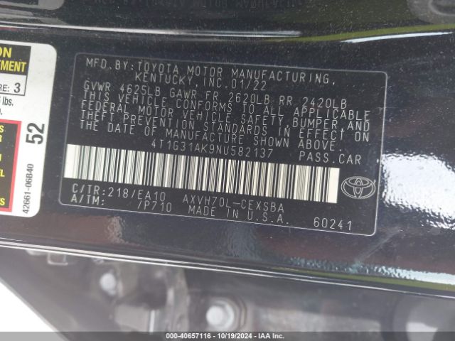 4T1G31AK9NU582137 Toyota Camry Se Hybrid