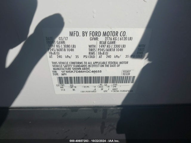 Ford EXPLORER XLT 2017 1FM5K7D86HGC46655 Image 9