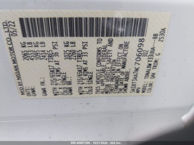 5N1BT3AA7NC706098 Nissan Rogue S Fwd