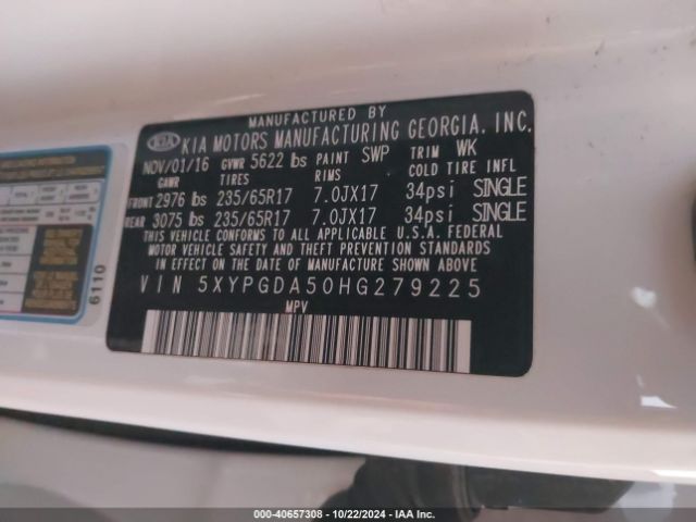 5XYPGDA50HG279225 KIA Sorento 3.3l Lx