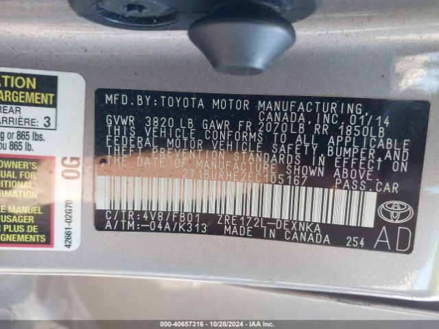 2T1BURHE2EC105167 Toyota COROLLA LE