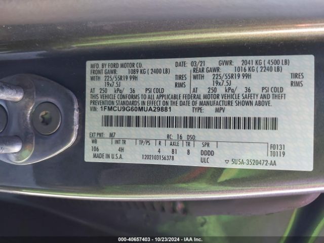 1FMCU9G60MUA29881 Ford ESCAPE SE