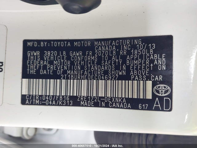 Toyota Corolla Le Plus 2014 2T1BURHE0EC046927 Image 9