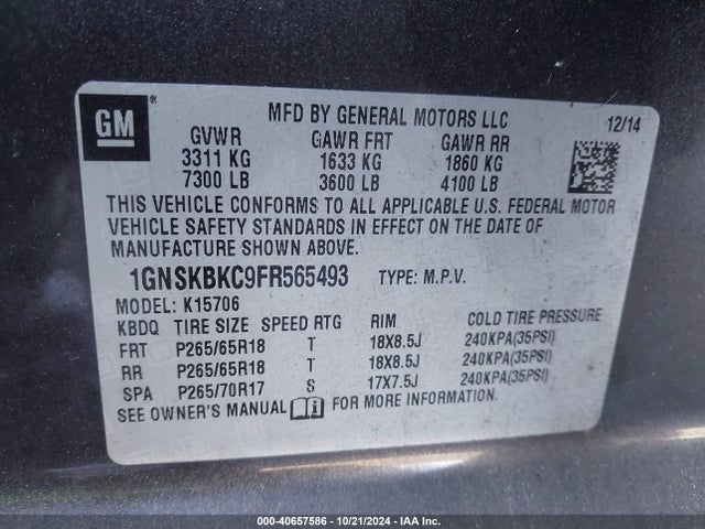 Chevrolet Tahoe Lt 2015 1GNSKBKC9FR565493 Image 9