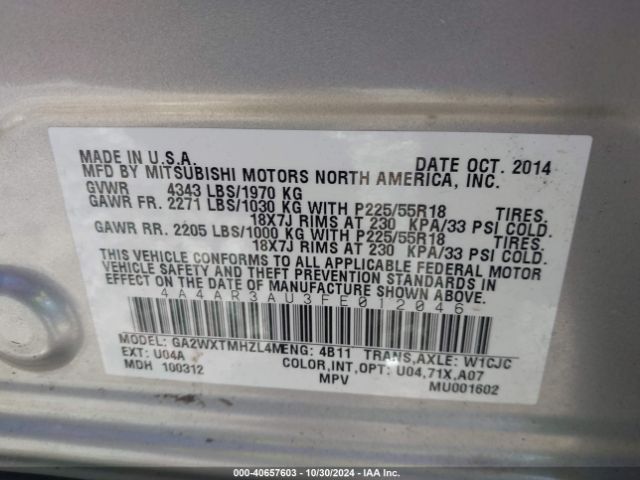 4A4AR3AU3FE012046 Mitsubishi Outlander Sport Es