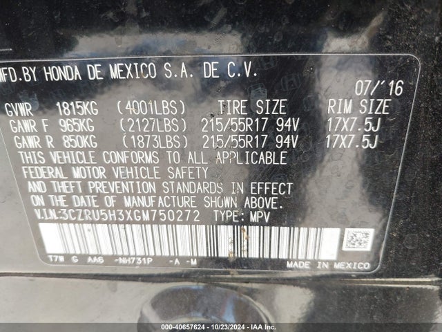 Honda HR-V LX 2016 3CZRU5H3XGM750272 Image 9