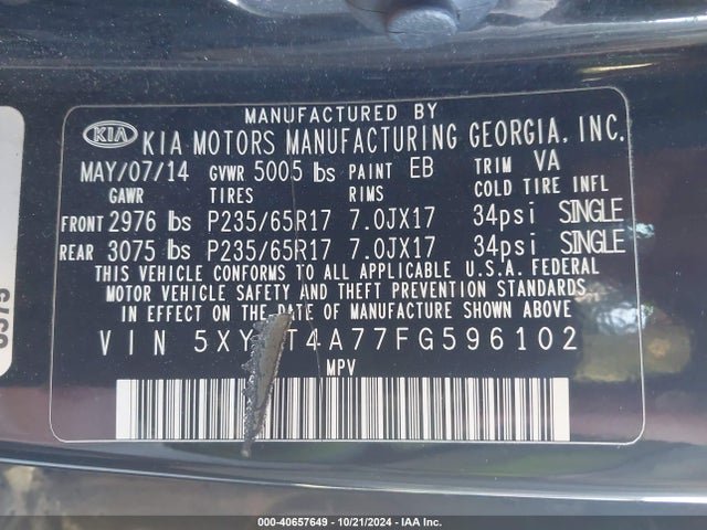 KIA Sorento Lx V6 2015 5XYKT4A77FG596102 Image 9