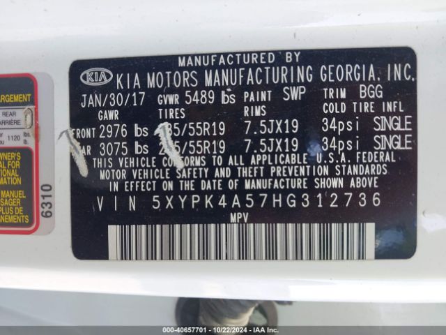 5XYPK4A57HG312736 KIA Sorento 3.3l Sx
