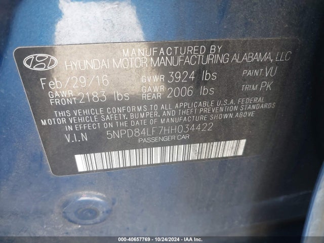 Hyundai ELANTRA SE 2017 5NPD84LF7HH034422 Image 9