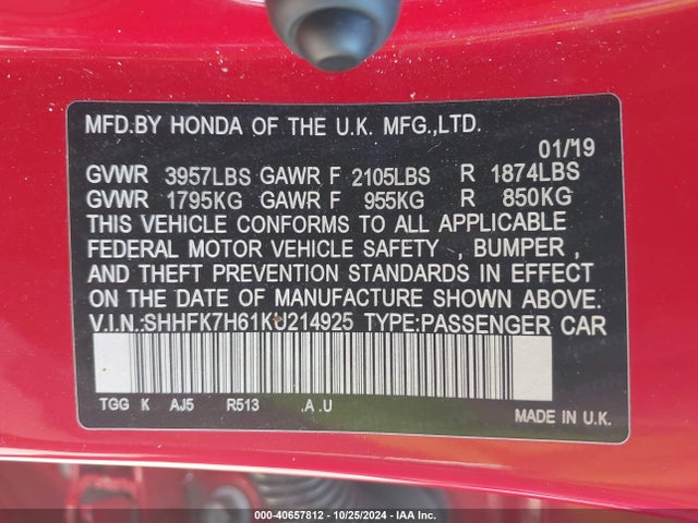 Honda CIVIC EX 2019 SHHFK7H61KU214925 Image 9
