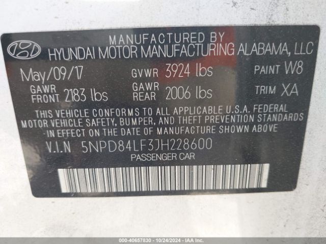 5NPD84LF3JH228600 Hyundai ELANTRA SEL