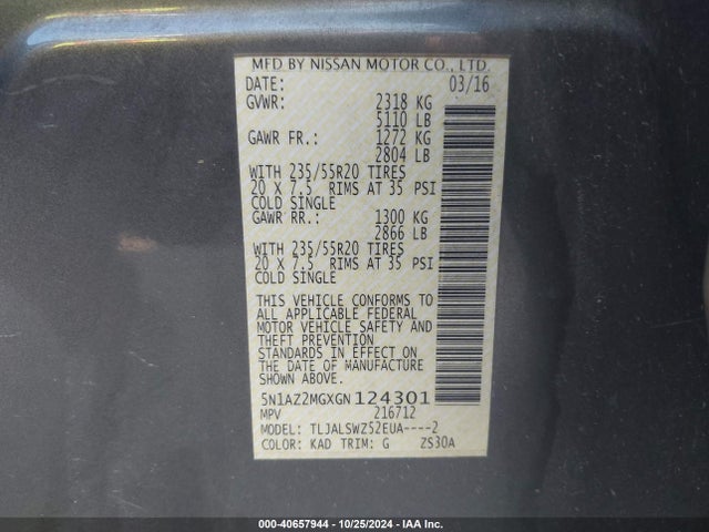 Nissan Murano Platinum 2016 5N1AZ2MGXGN124301 Image 9