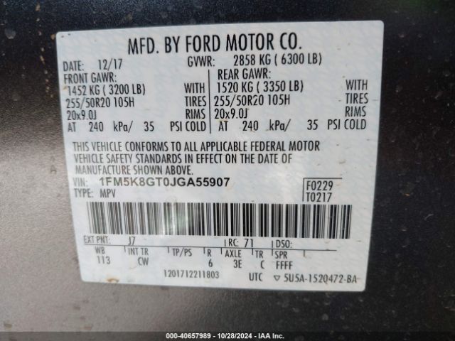1FM5K8GT0JGA55907 Ford EXPLORER SPORT