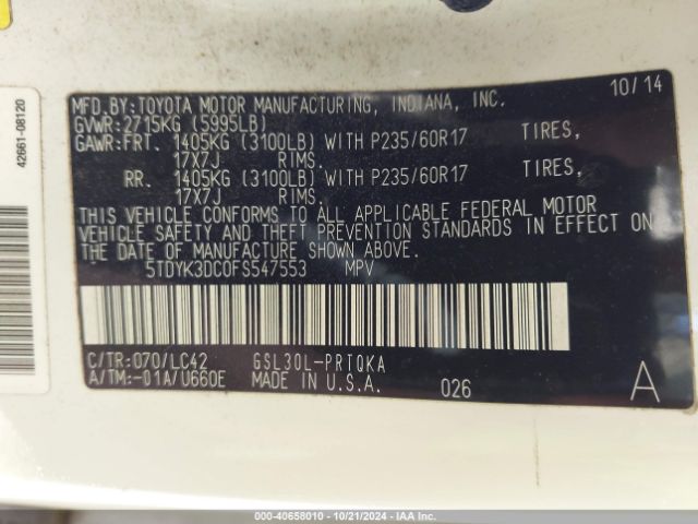 5TDYK3DC0FS547553 Toyota Sienna Xle 8 Passenger