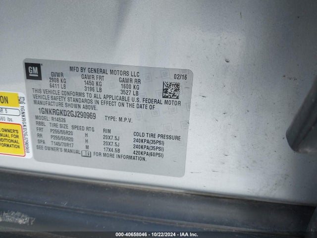 Chevrolet Traverse 1lt 2016 1GNKRGKD2GJ290969 Image 9