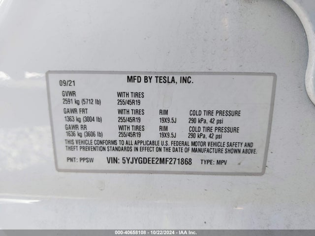 2021 TESLA MODEL Y 5YJYGDEE2MF271868 Photo 8