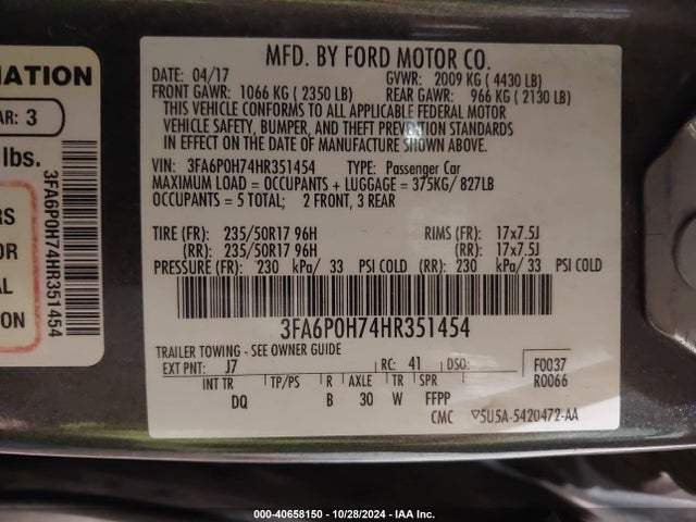 Ford FUSION SE 2017 3FA6P0H74HR351454 Image 9