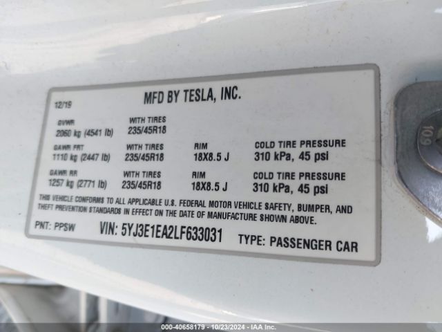 5YJ3E1EA2LF633031 Tesla Model 3 Standard Range Plus Rear-wheel Drive/standard Range Rear-wheel Drive