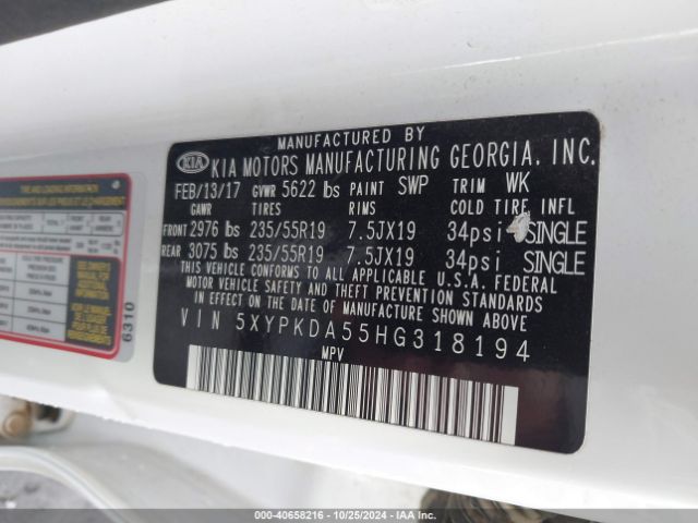 5XYPKDA55HG318194 KIA Sorento 3.3l Sxl