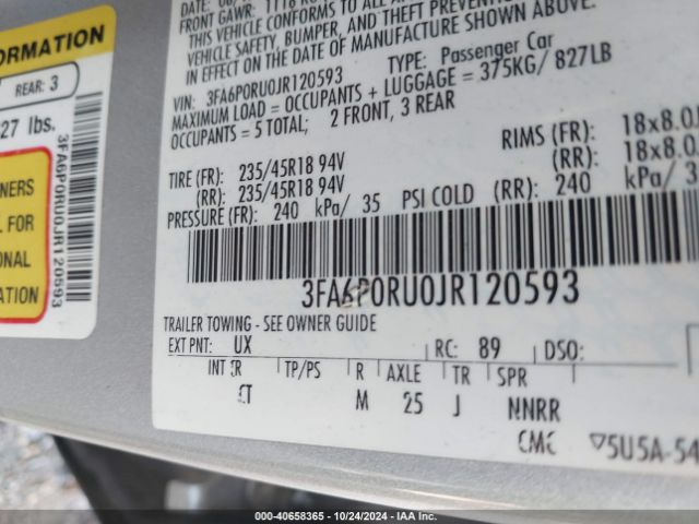 3FA6P0RU0JR120593 Ford Fusion Hybrid Titanium