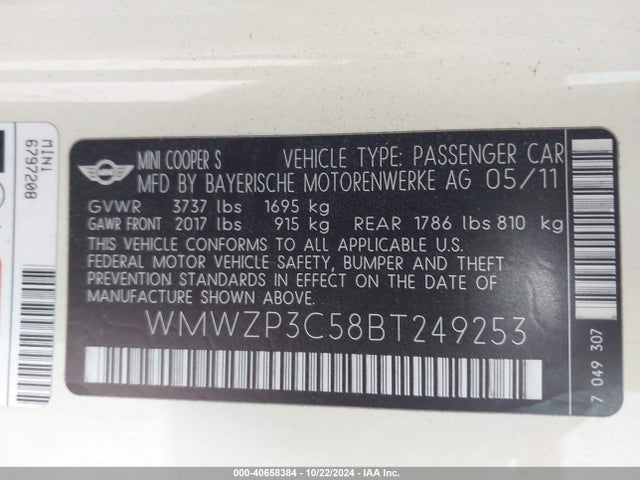 2011 MINI COOPER S WMWZP3C58BT249253 Photo 8