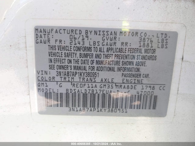 Nissan SENTRA SV 2019 3N1AB7AP1KY380951 Image 9