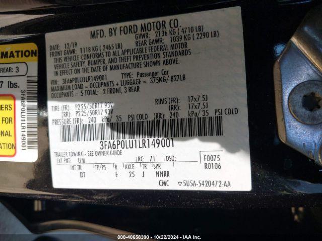 3FA6P0LU1LR149001 Ford Fusion Hybrid Se
