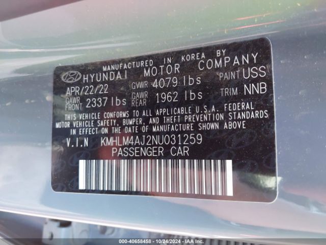 KMHLM4AJ2NU031259 Hyundai Elantra Hybrid Blue