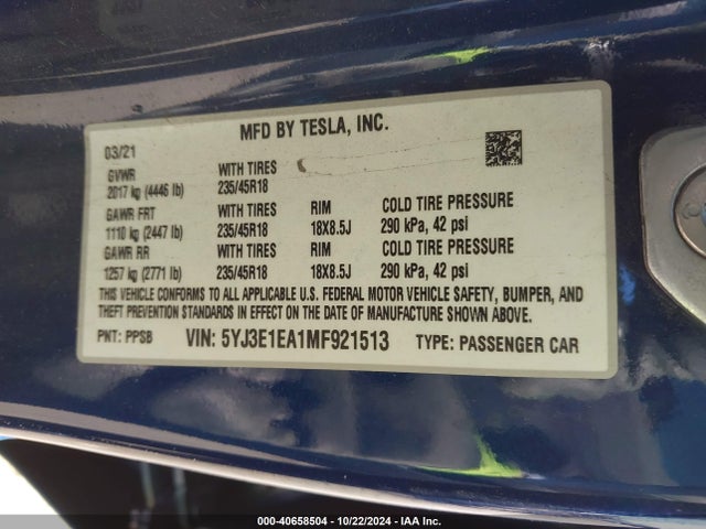 2021 TESLA MODEL 3 5YJ3E1EA1MF921513 Photo 8