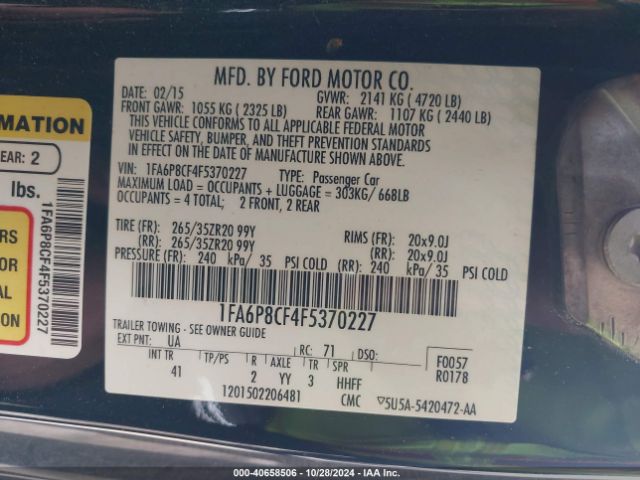 1FA6P8CF4F5370227 Ford Mustang Gt Premium