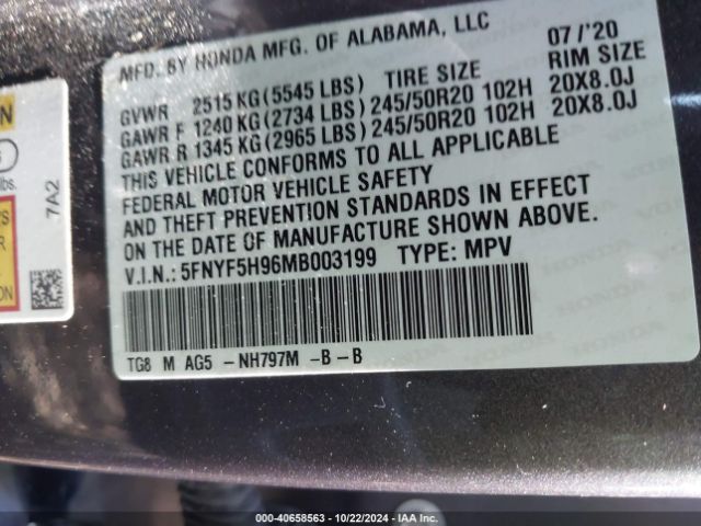 5FNYF5H96MB003199 Honda Pilot 2wd Touring 8 Passenger