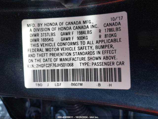 Honda CIVIC EX 2018 2HGFC2F76JH501068 Image 9