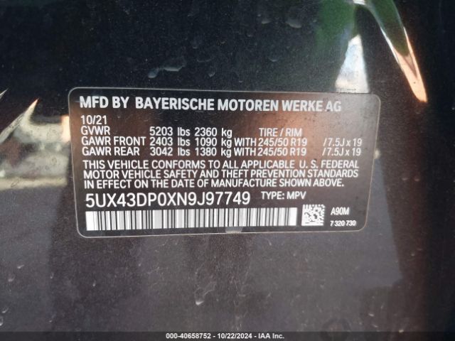 5UX43DP0XN9J97749 BMW X3 Sdrive30i