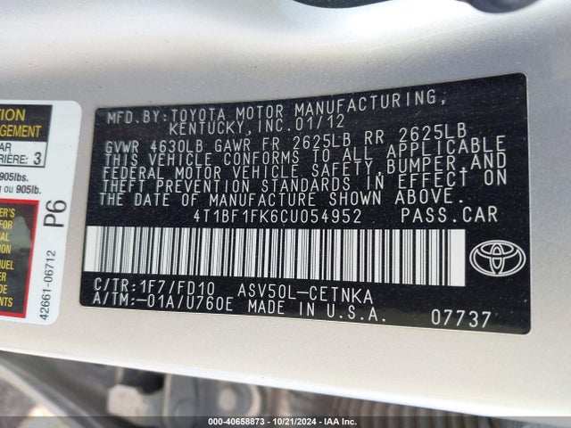 2012 Toyota Camry Le მანქანა იყიდება აუქციონზე, vin: 4T1BF1FK6CU054952, აუქციონის ნომერი: 40658873