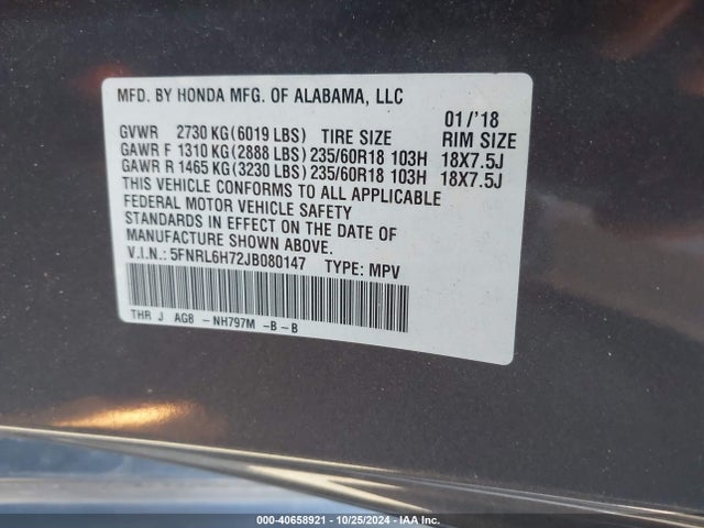 Honda Odyssey Ex-l 2018 5FNRL6H72JB080147 Image 9