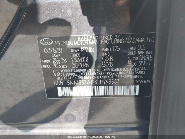 5NMS33AD8LH293587 Hyundai Santa Fe Sel